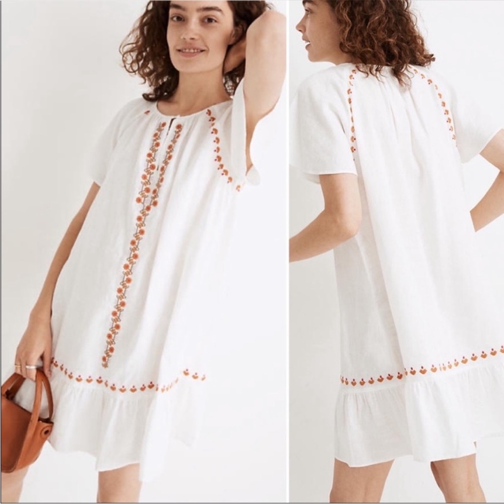 Madewell embroidered linen blend raglan ruffle mini dress extra small XS